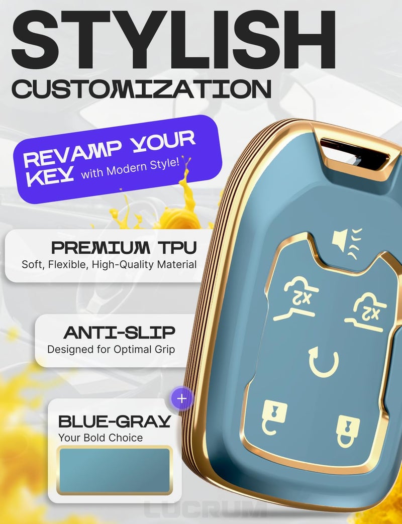 Lucrum Compatible with Chevy & GMC Key Fob Cover & Leather Keychain, 6 Buttons Keyfob Case for Acadia Sierra Silverado Tahoe Terrain Yukon (2014-2023) - Blue and Gold - Image 3