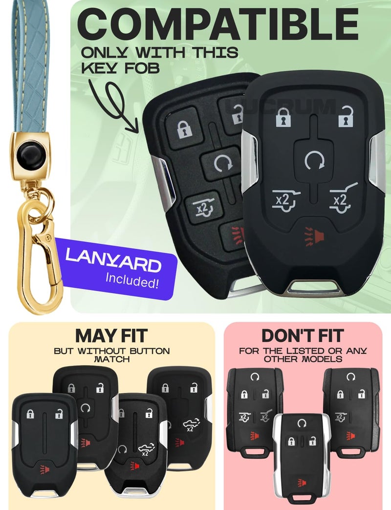 Lucrum Compatible with Chevy & GMC Key Fob Cover & Leather Keychain, 6 Buttons Keyfob Case for Acadia Sierra Silverado Tahoe Terrain Yukon (2014-2023) - Blue and Gold - Image 2