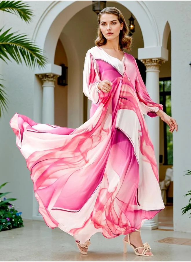 ايكونيك Iconic All-Over Print Maxi Dress with Assymetrical Hem and Long Sleeves