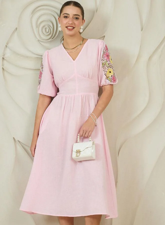 Athena Pink Embroidered Puff Sleeve Cotton Midi Dress