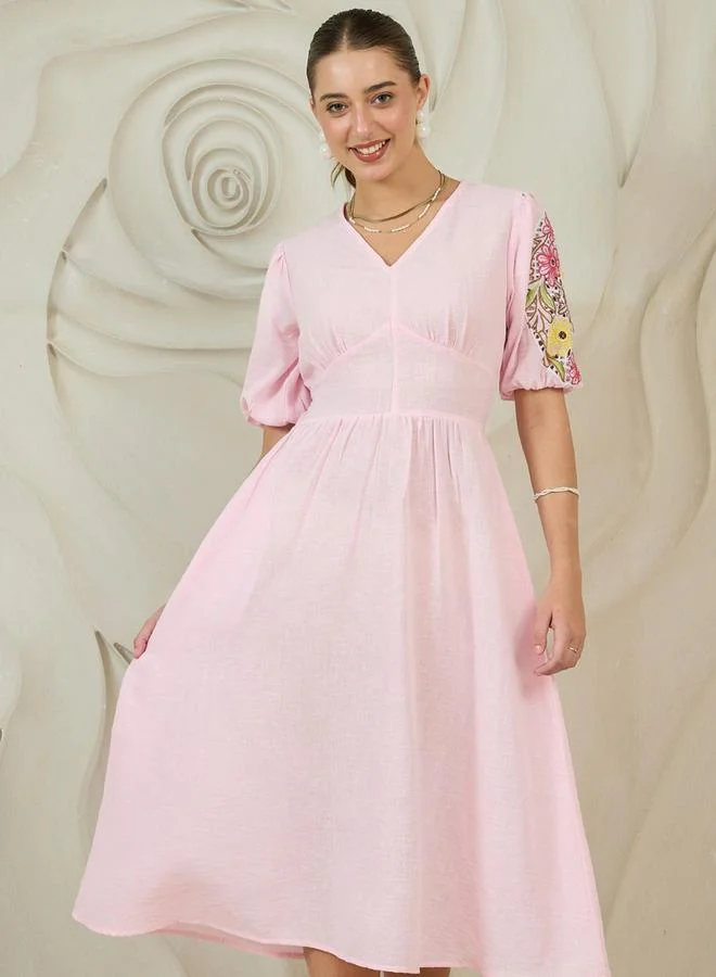 Athena Pink Embroidered Puff Sleeve Cotton Midi Dress