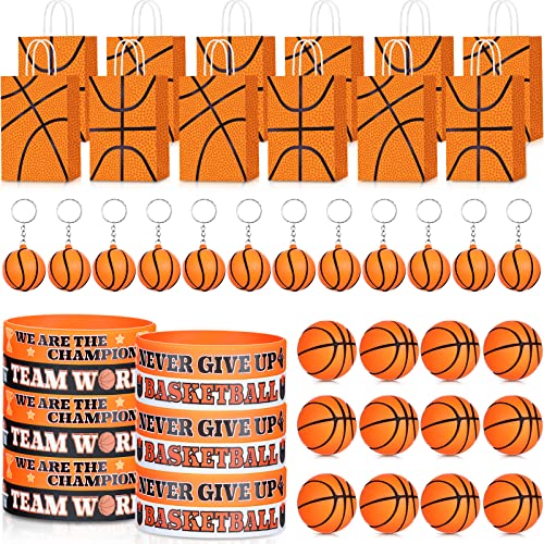 Leinuosen 48 Pcs Basketball Party Favors Supplies Including 12 Basketball Gift Bags 12 Mini Stress Balls 12 Keychains 12 Motivational Silicone Wristband - Image 1