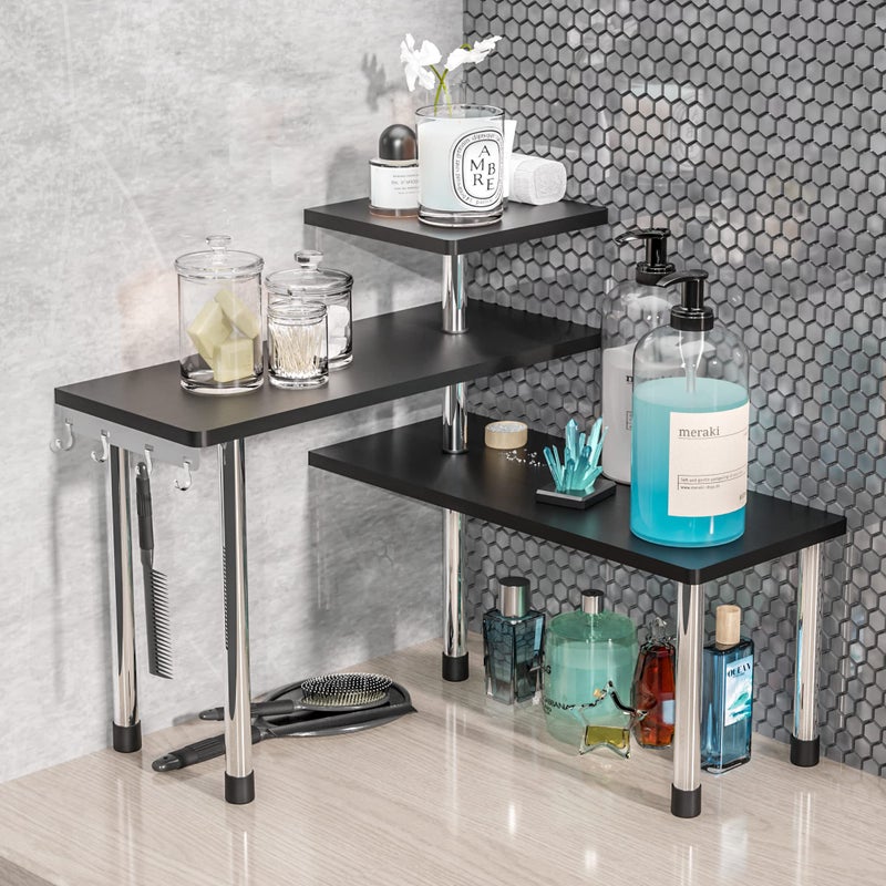ZHWS Bathroom Counter Organizer Corner Shelf  Bathroom Organization Bamboo 3 Tier Spice Rack Makeup Organizer Bookshelf Space Saving Rack Kitchen Office Living Room Black