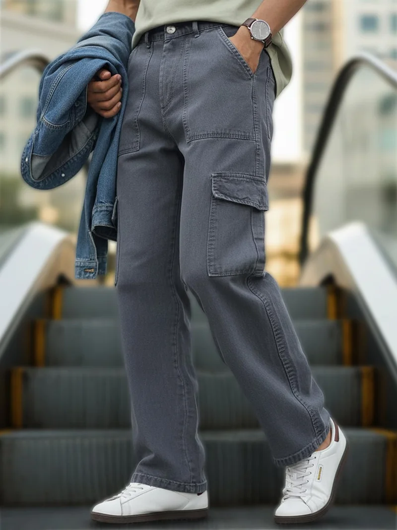 Urbano Fashion Men's Light Grey Loose Fit Cargo Jeans with 6 Pockets Non-Stretchable