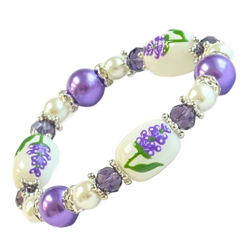 fiona State Flower Bracelet Beaded Souvenir Jewelry Gift for Woman, Garden Botanical Bracelet (Lavender) - Image 1