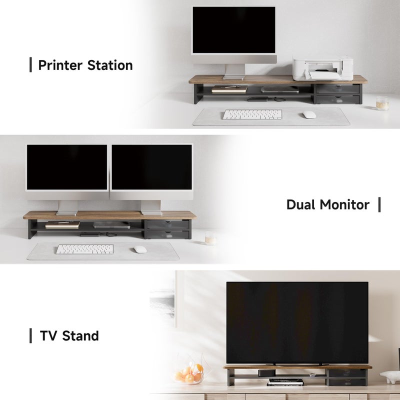Fenge Monitor Stand, Dual Monitor Riser, 42.5inch Large Desk Computer Monitor Stand Riser with Drawer, 2 Tier Wood & Acrylic Desktop Organizer for Computer, Laptop, Printer, TV Screen Riser - Image 5