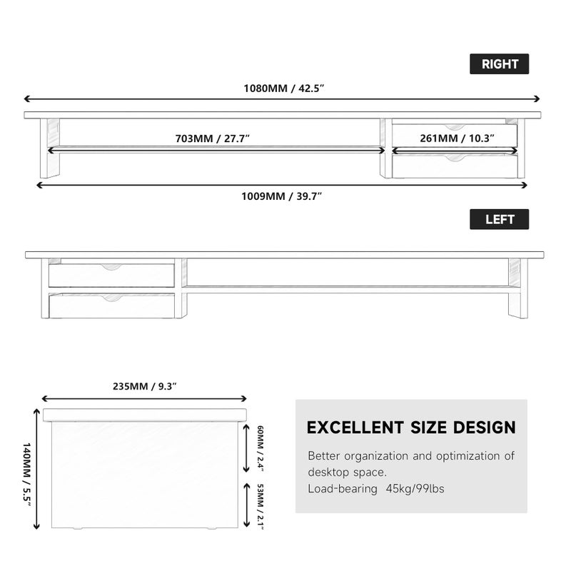Fenge Monitor Stand, Dual Monitor Riser, 42.5inch Large Desk Computer Monitor Stand Riser with Drawer, 2 Tier Wood & Acrylic Desktop Organizer for Computer, Laptop, Printer, TV Screen Riser - Image 4