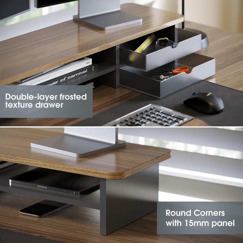 Fenge Monitor Stand, Dual Monitor Riser, 42.5inch Large Desk Computer Monitor Stand Riser with Drawer, 2 Tier Wood & Acrylic Desktop Organizer for Computer, Laptop, Printer, TV Screen Riser - Image 2