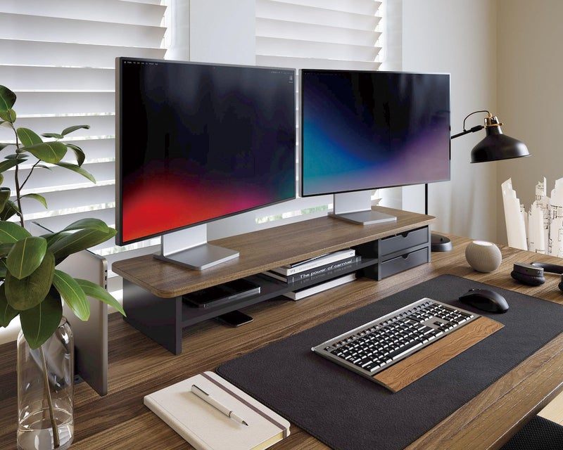 Fenge Monitor Stand, Dual Monitor Riser, 42.5inch Large Desk Computer Monitor Stand Riser with Drawer, 2 Tier Wood & Acrylic Desktop Organizer for Computer, Laptop, Printer, TV Screen Riser - Image 3