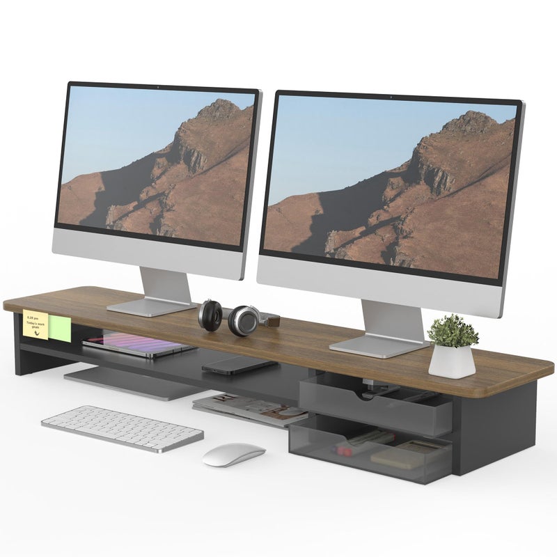 Fenge Monitor Stand, Dual Monitor Riser, 42.5inch Large Desk Computer Monitor Stand Riser with Drawer, 2 Tier Wood & Acrylic Desktop Organizer for Computer, Laptop, Printer, TV Screen Riser - Image 1