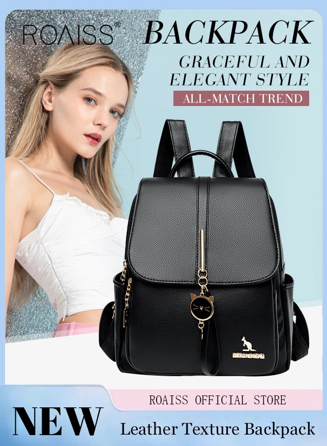 رويس حقيبة ظهر نسائية من جلد البقر متعددة الطبقات، حقيبة ظهر جلدية مزينة بطباعة قطة إبداعية، حقيبة سفر عصرية للرحلات القصيرة، أسود - Image 1