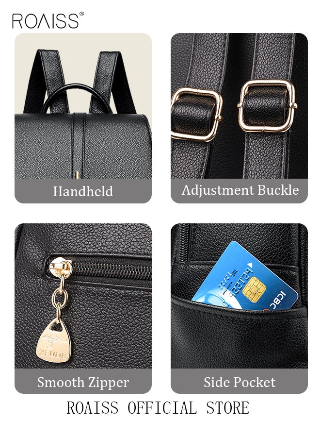 رويس حقيبة ظهر نسائية من جلد البقر متعددة الطبقات، حقيبة ظهر جلدية مزينة بطباعة قطة إبداعية، حقيبة سفر عصرية للرحلات القصيرة، أسود - Image 4