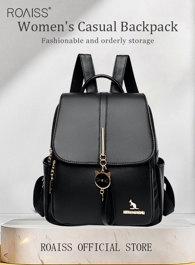 رويس حقيبة ظهر نسائية من جلد البقر متعددة الطبقات، حقيبة ظهر جلدية مزينة بطباعة قطة إبداعية، حقيبة سفر عصرية للرحلات القصيرة، أسود - Image 2