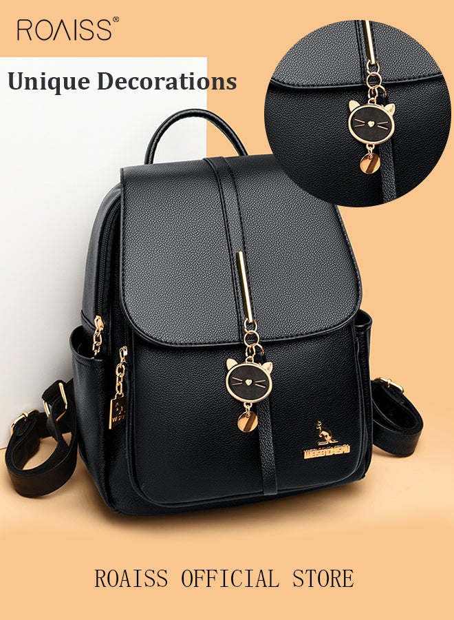 رويس حقيبة ظهر نسائية من جلد البقر متعددة الطبقات، حقيبة ظهر جلدية مزينة بطباعة قطة إبداعية، حقيبة سفر عصرية للرحلات القصيرة، أسود - Image 5