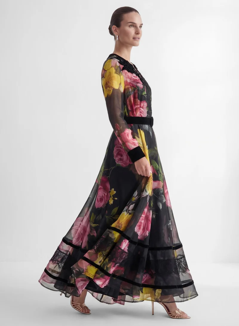 سنفير Softly Charming Black Floral Print Velvet Cuff Maxi Dress