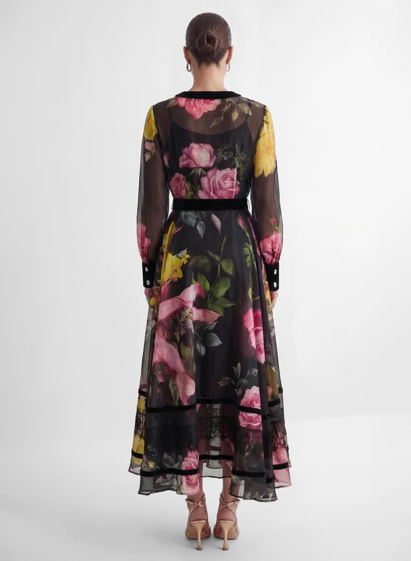 Sunfere  Softly Charming Black Floral Print Velvet Cuff Maxi Dress for Women | Best Price UAE