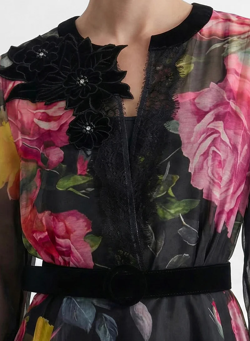 Sunfere  Softly Charming Black Floral Print Velvet Cuff Maxi Dress for Women | Best Price UAE