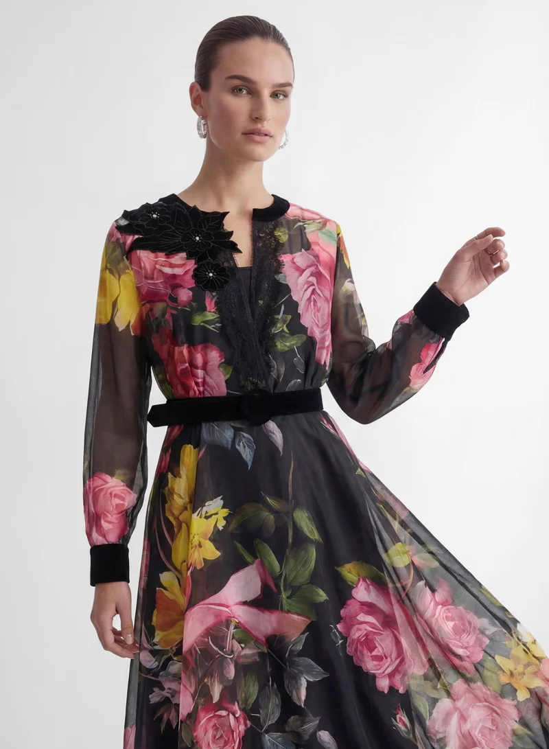 Sunfere  Softly Charming Black Floral Print Velvet Cuff Maxi Dress for Women | Best Price UAE