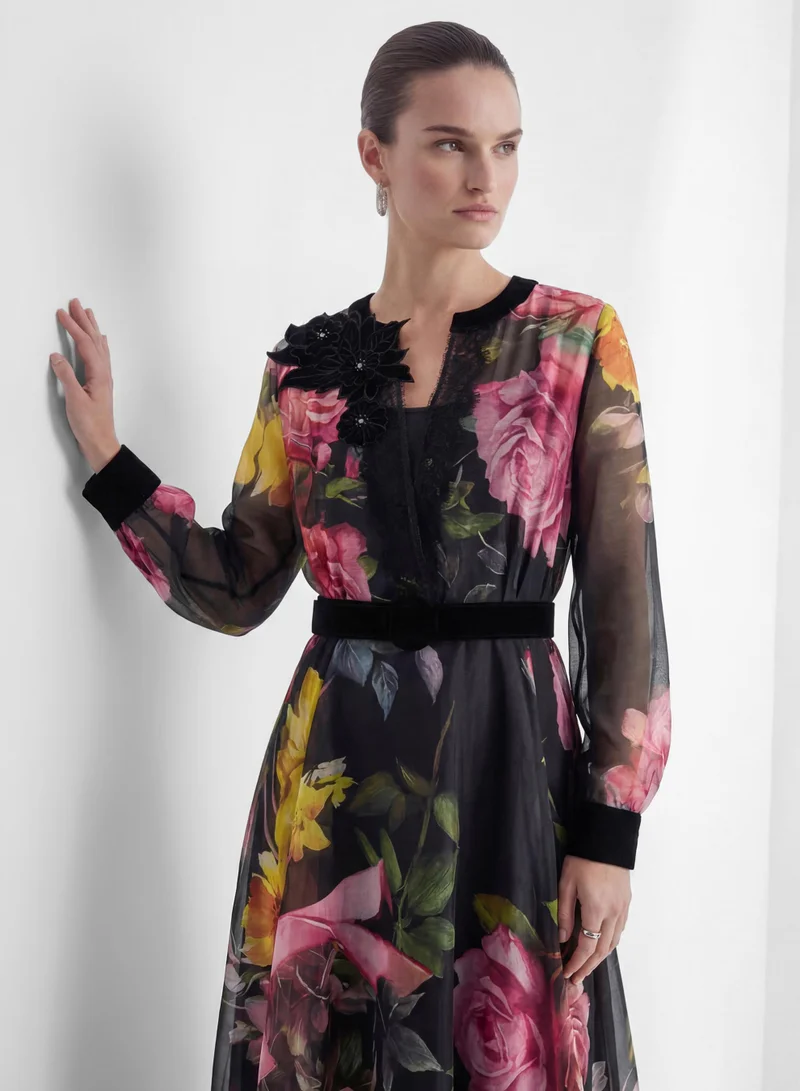 Sunfere  Softly Charming Black Floral Print Velvet Cuff Maxi Dress for Women | Best Price UAE