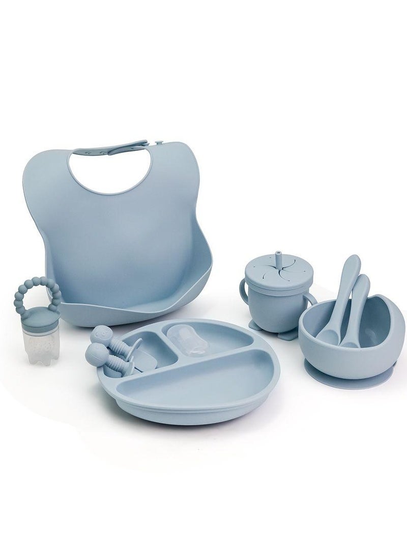 10 pieces Baby silicone feeding set/ Children's Cutlery & tableware set/ Portable, Travel friendly/ Non-toxic Food Grade Silicone/ Baby Feeding Set/ Safe & Reusable Utensils for toddlers and kids (10 Pieces/ Compartment Plate, Bowl, Short Fork & Spoon, Water Cup, Bib, Long Fork & Spoon, Fruit Feeder, toothbrush)/ Blue  - Image 1