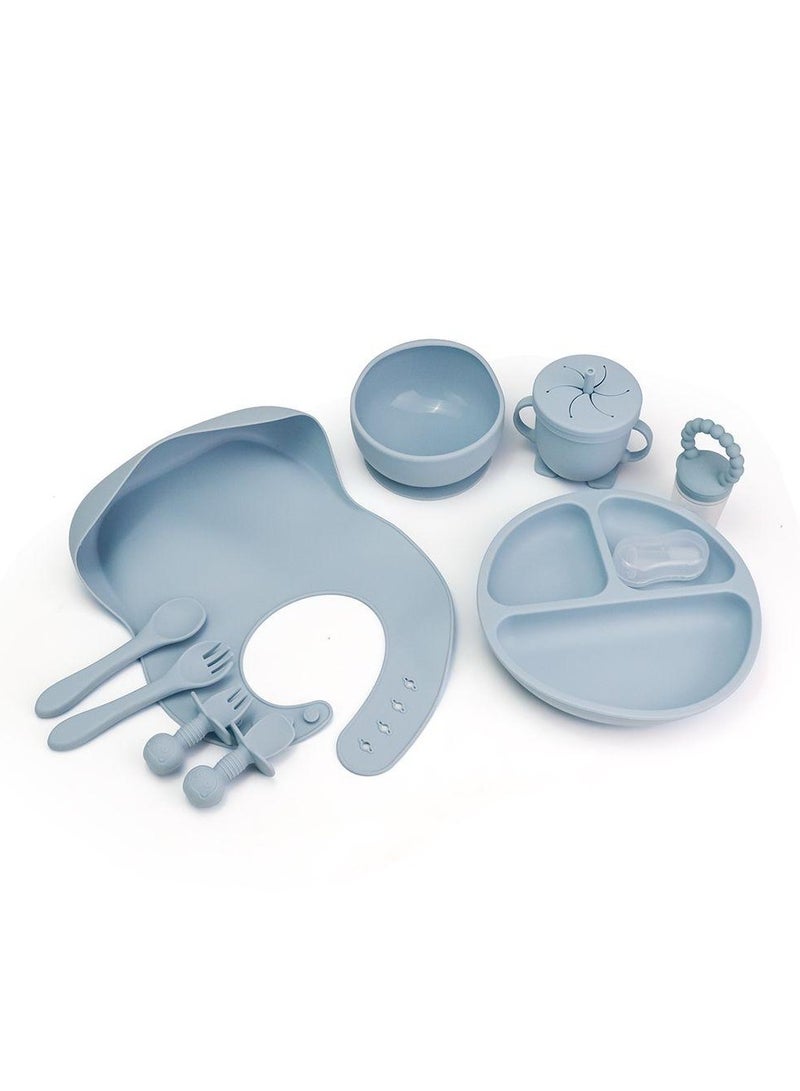 10 pieces Baby silicone feeding set/ Children's Cutlery & tableware set/ Portable, Travel friendly/ Non-toxic Food Grade Silicone/ Baby Feeding Set/ Safe & Reusable Utensils for toddlers and kids (10 Pieces/ Compartment Plate, Bowl, Short Fork & Spoon, Water Cup, Bib, Long Fork & Spoon, Fruit Feeder, toothbrush)/ Blue  - Image 2