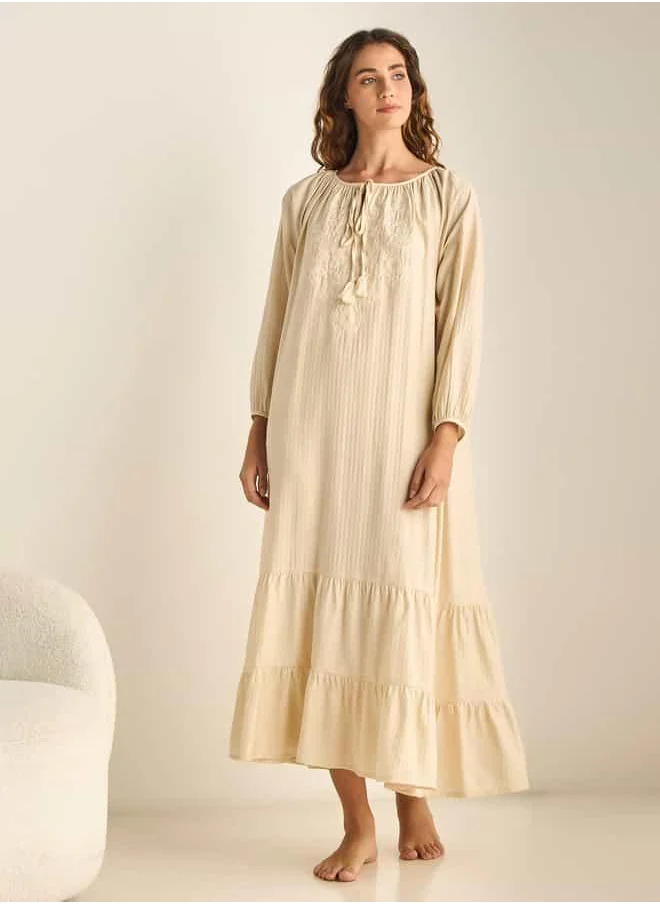 فاف Embroidered Tiered Night Gown with Tie-Ups