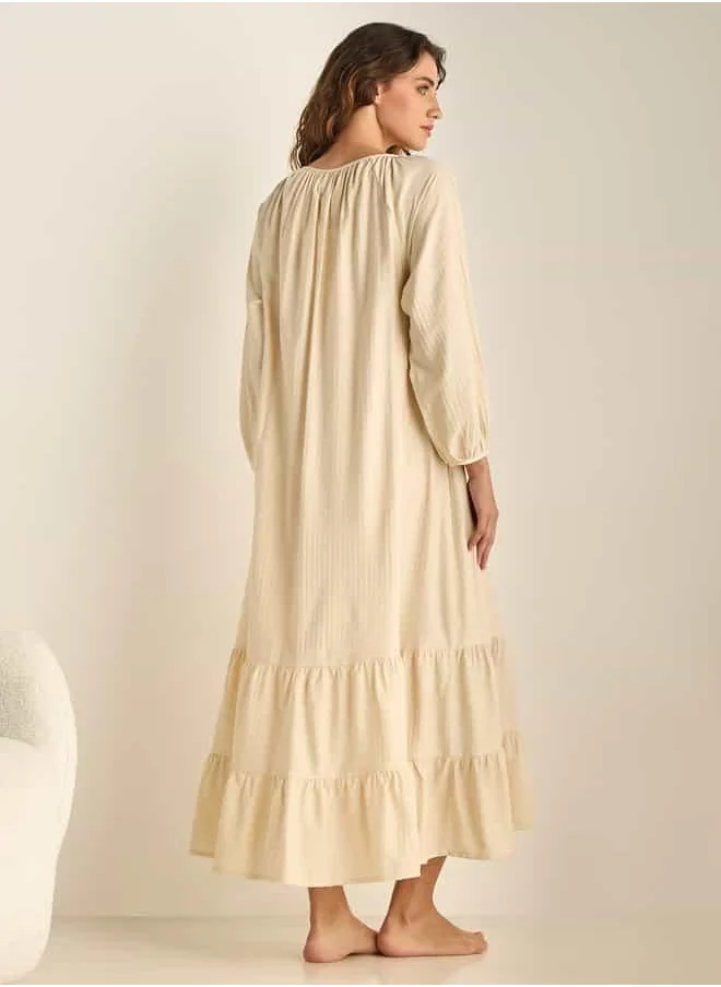 فاف Embroidered Tiered Night Gown with Tie-Ups