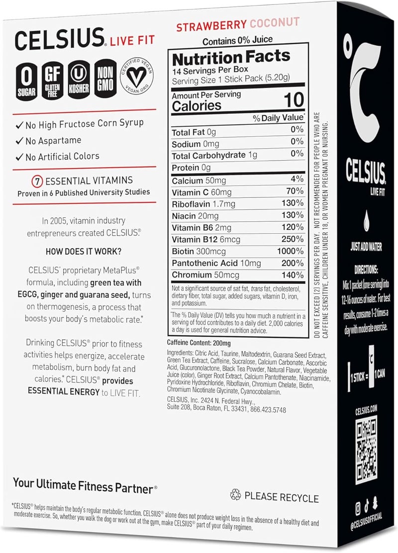 CELSIUS مشروب الطاقة الأساسي CELSIUS الجاهز - نكهة الفراولة وجوز الهند - Image 2