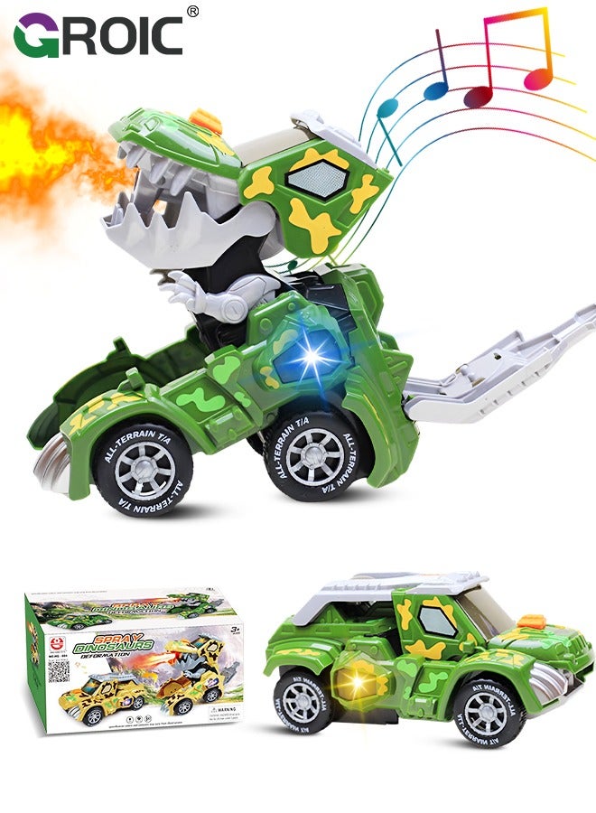 GROIC Transforming Dinosaur Car with LED Light Music and Spray Effect, Automatic Transform Dino Spray Car 360-Degree Rotating Universal Induction Spray Light Music Dinosaur Car Toy for Kids - Image 1