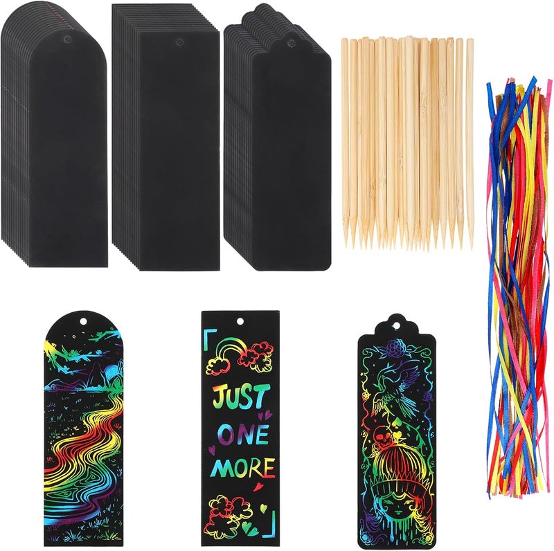 Dimeho Scratch Picture Bookmarks, Set of 48, 3 Styles, Scratch Paper Art Bookmarks, Students, Party Gifts, Rainbow DIY Bookmarks, Hanging Gift Tags with Scratch Tool Ribbon for the Classroom - Image 1