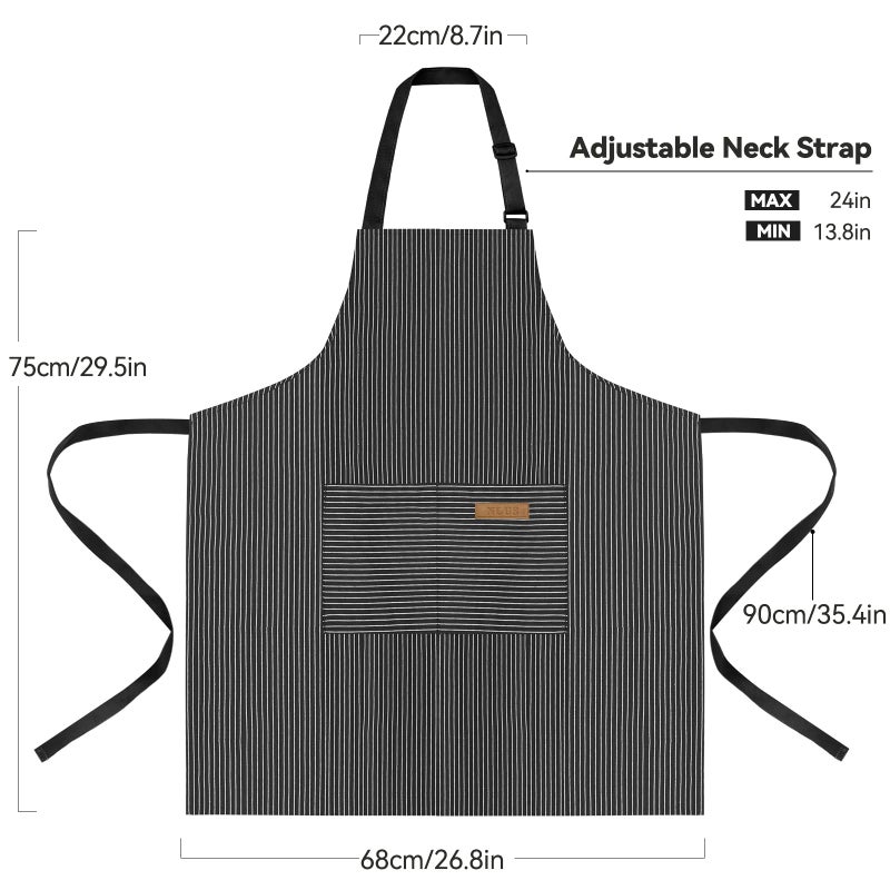 NLUS 2 Pcs Kitchen Cooking Aprons  Poly/Cotton Blend Adjustable Soft Bib Stripe Aprons with 2 Pockets for Women Men Chef (Blue Pinstripes/Black Stripes) - Image 2