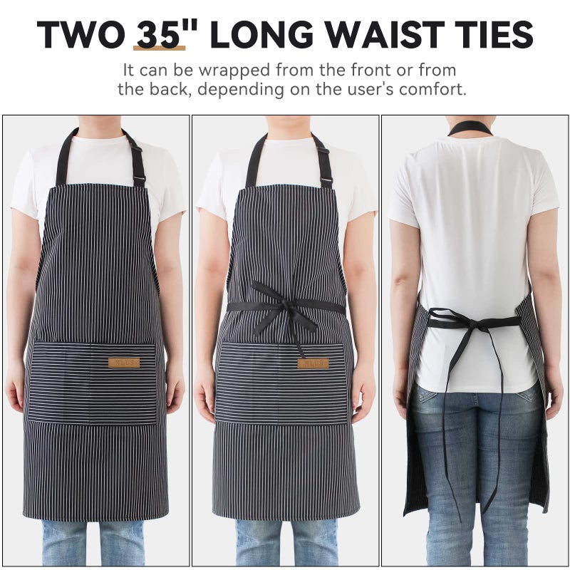 NLUS 2 Pcs Kitchen Cooking Aprons  Poly/Cotton Blend Adjustable Soft Bib Stripe Aprons with 2 Pockets for Women Men Chef (Blue Pinstripes/Black Stripes) - Image 5