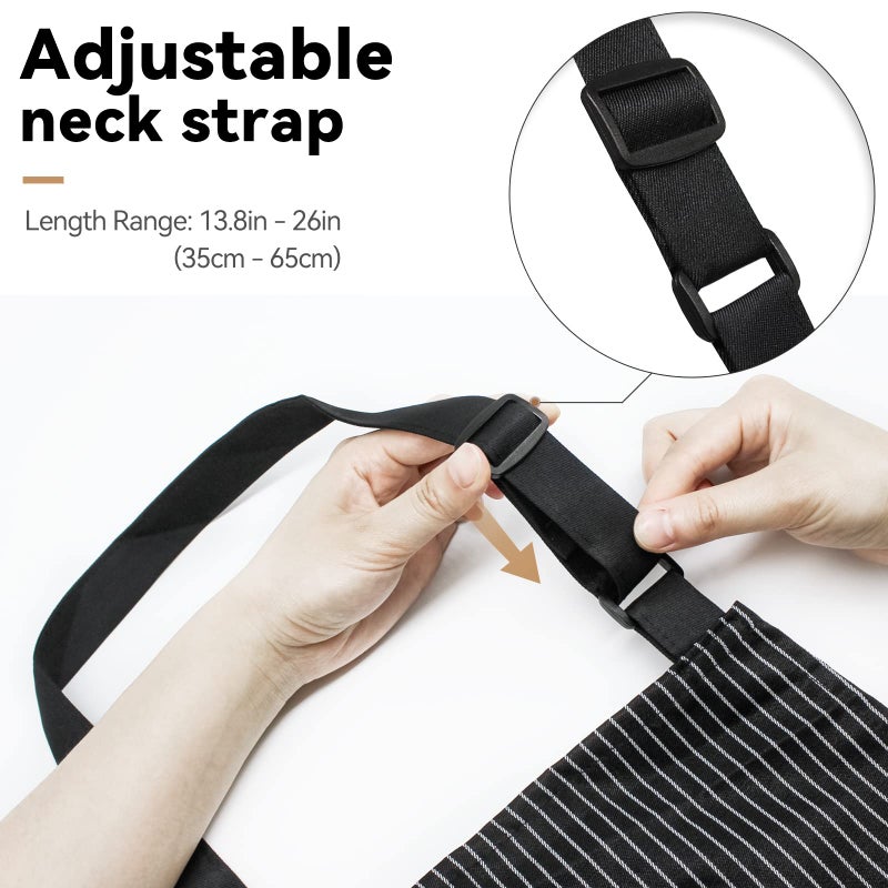 NLUS 2 Pcs Kitchen Cooking Aprons  Poly/Cotton Blend Adjustable Soft Bib Stripe Aprons with 2 Pockets for Women Men Chef (Blue Pinstripes/Black Stripes) - Image 4