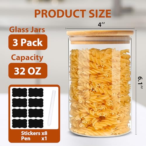 ENLOY Glass Food Storage Jars 32 OZ Set of 3, 3 Pack Airtight Food Storage Jar with Bamboo Lid, Clear Food Canisters for Nuts, Coffee Beans, Sugar, Flour, Snacks, Spice and More (950ml) - Image 2