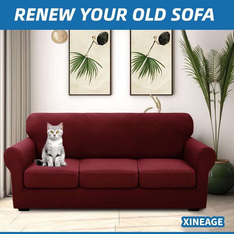 XINEAGE 2026 New 4 Pieces Couch Covers for 3 Cushion Couch Super Stretch Thick Soft Sofa Cover Anti Slip Sofa Slipcover Dogs Cats Furniture Protector (Wine Red, 71"-91") - Image 3