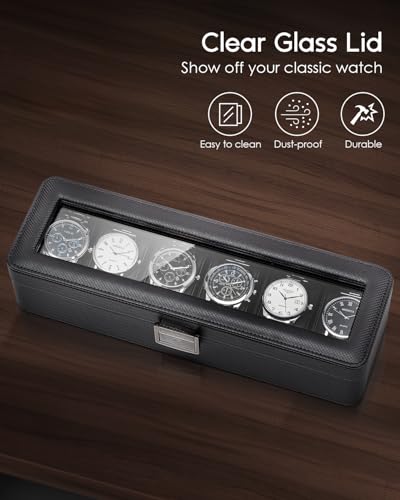 Vlando 6-Slot Watch Case for Men, Watch Box with Glass Lid, Lockable Watch Holder, Business Textured Leather Organizer Display Case, Soft Pillow, Gifts for Fathers, Dad, Husband - Black - Image 2