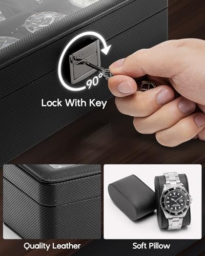 Vlando 6-Slot Watch Case for Men, Watch Box with Glass Lid, Lockable Watch Holder, Business Textured Leather Organizer Display Case, Soft Pillow, Gifts for Fathers, Dad, Husband - Black - Image 4