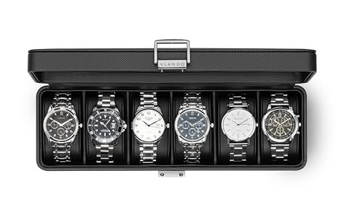 Vlando 6-Slot Watch Case for Men, Watch Box with Glass Lid, Lockable Watch Holder, Business Textured Leather Organizer Display Case, Soft Pillow, Gifts for Fathers, Dad, Husband - Black - Image 1