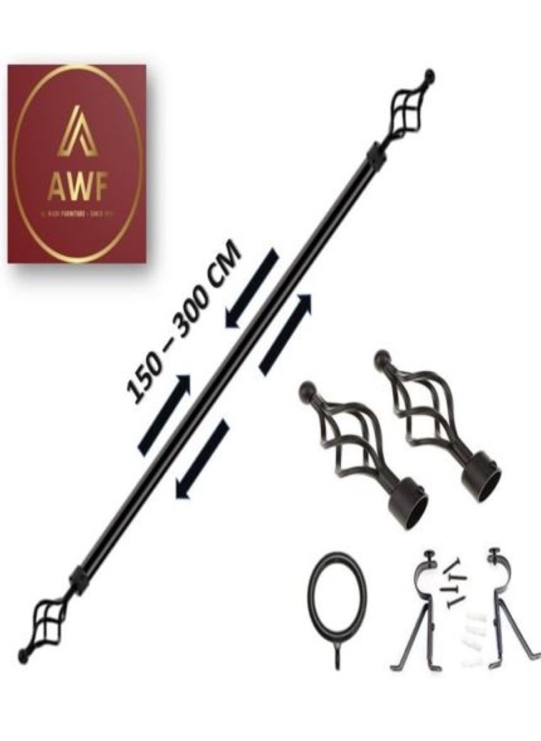 AL WADI FURNITURE Roman Pole Style Heavy Duty Luxury Extendable Curtain Rod, Metal Single Rod Finials Decorative End Window Treatment Rod Drapery Rod (BLACK, 150 – 300 cm)  - Image 1
