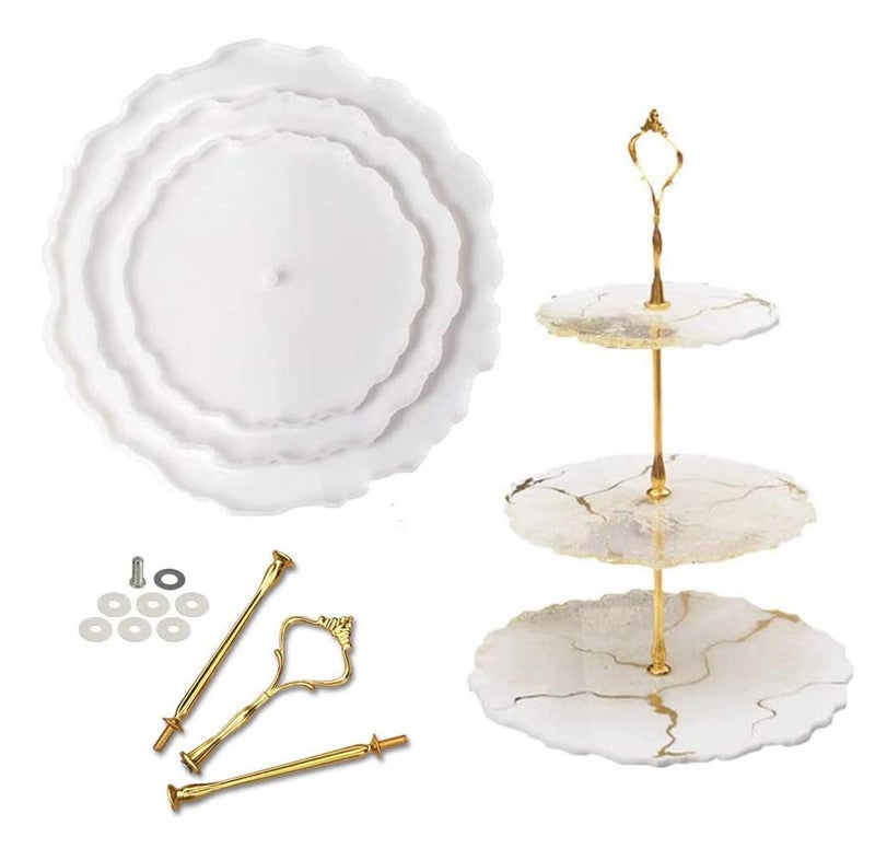 RESINWORLD Thick 3 Tier Resin Mold Cake Stand Molds for Resin Epoxy Resin Tiered Tray Mold Geode Resin Silicone Casting Mold with Hardware Fittings for Making Cupcake Serving Stand
