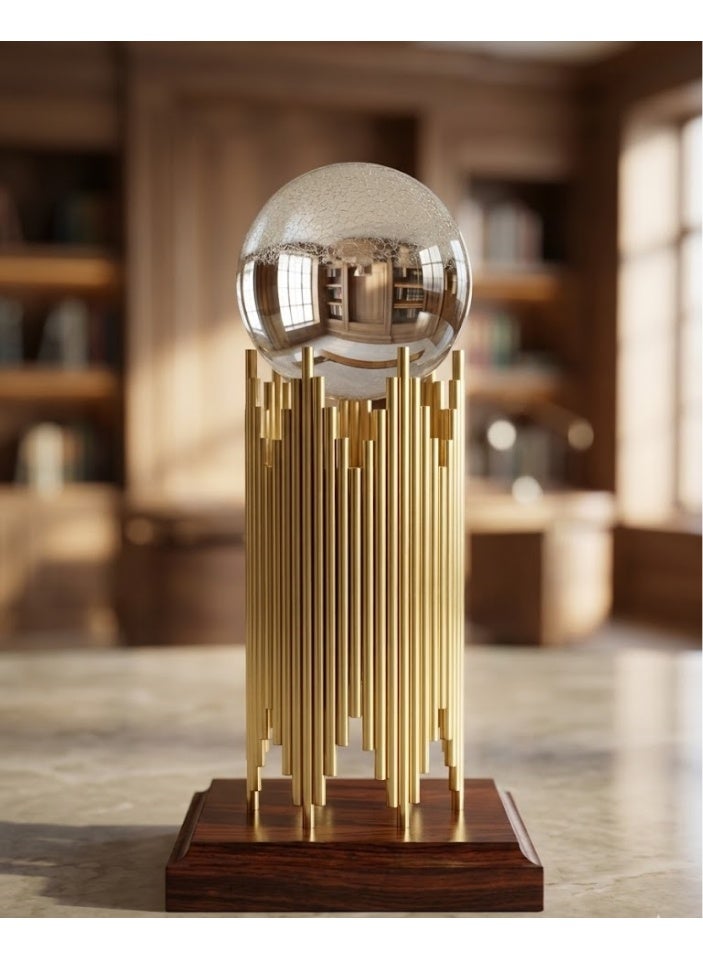 Metal Ribbed Column Stand with Big Crystal Ball Gold - Image 2