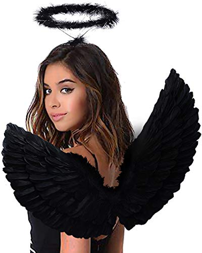 Antspirit Angel Black Wings and Halo Angel Costume for Girls Kids Women Halloween Black - Image 1