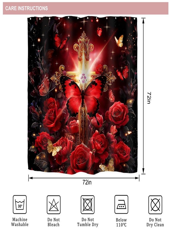 Riyidecor Red Burgundy Gold Christian Shower Curtain for Bathroom Decor 72Wx72H Rose Floral Flower Retro Butterfly Crossing Botanical Art Printed Fabric Polyester Waterproof 12 Pack Plastic Hooks - Image 5