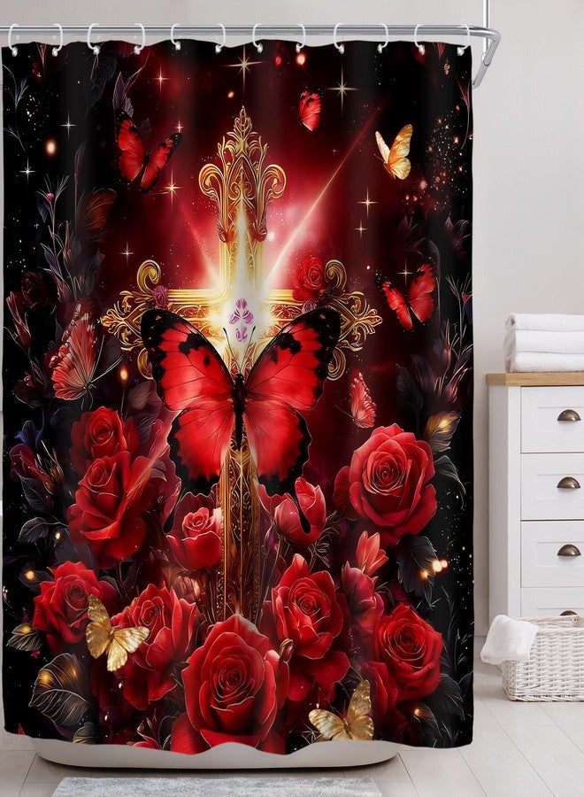 Riyidecor Red Burgundy Gold Christian Shower Curtain for Bathroom Decor 72Wx72H Rose Floral Flower Retro Butterfly Crossing Botanical Art Printed Fabric Polyester Waterproof 12 Pack Plastic Hooks - Image 2