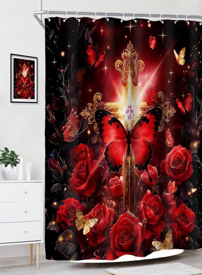 Riyidecor Red Burgundy Gold Christian Shower Curtain for Bathroom Decor 72Wx72H Rose Floral Flower Retro Butterfly Crossing Botanical Art Printed Fabric Polyester Waterproof 12 Pack Plastic Hooks - Image 3