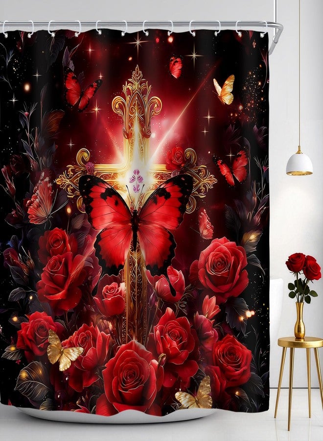 Riyidecor Red Burgundy Gold Christian Shower Curtain for Bathroom Decor 72Wx72H Rose Floral Flower Retro Butterfly Crossing Botanical Art Printed Fabric Polyester Waterproof 12 Pack Plastic Hooks - Image 1