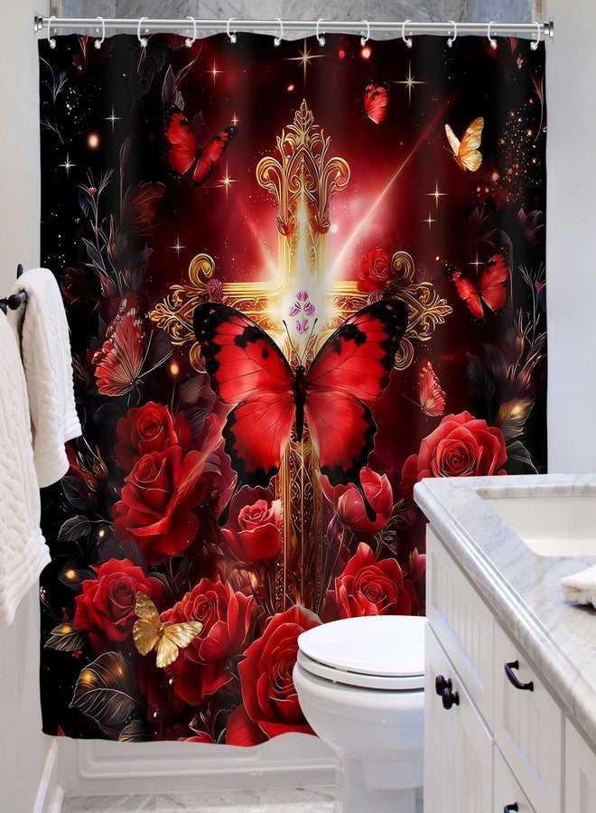 Riyidecor Red Burgundy Gold Christian Shower Curtain for Bathroom Decor 72Wx72H Rose Floral Flower Retro Butterfly Crossing Botanical Art Printed Fabric Polyester Waterproof 12 Pack Plastic Hooks - Image 4