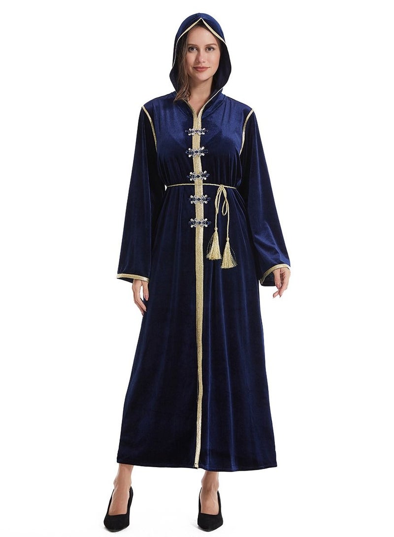 Loquat Lady's Fashion Hooded Long Dress Long Sleeve Abaya Thobe Robe Navy Blue 