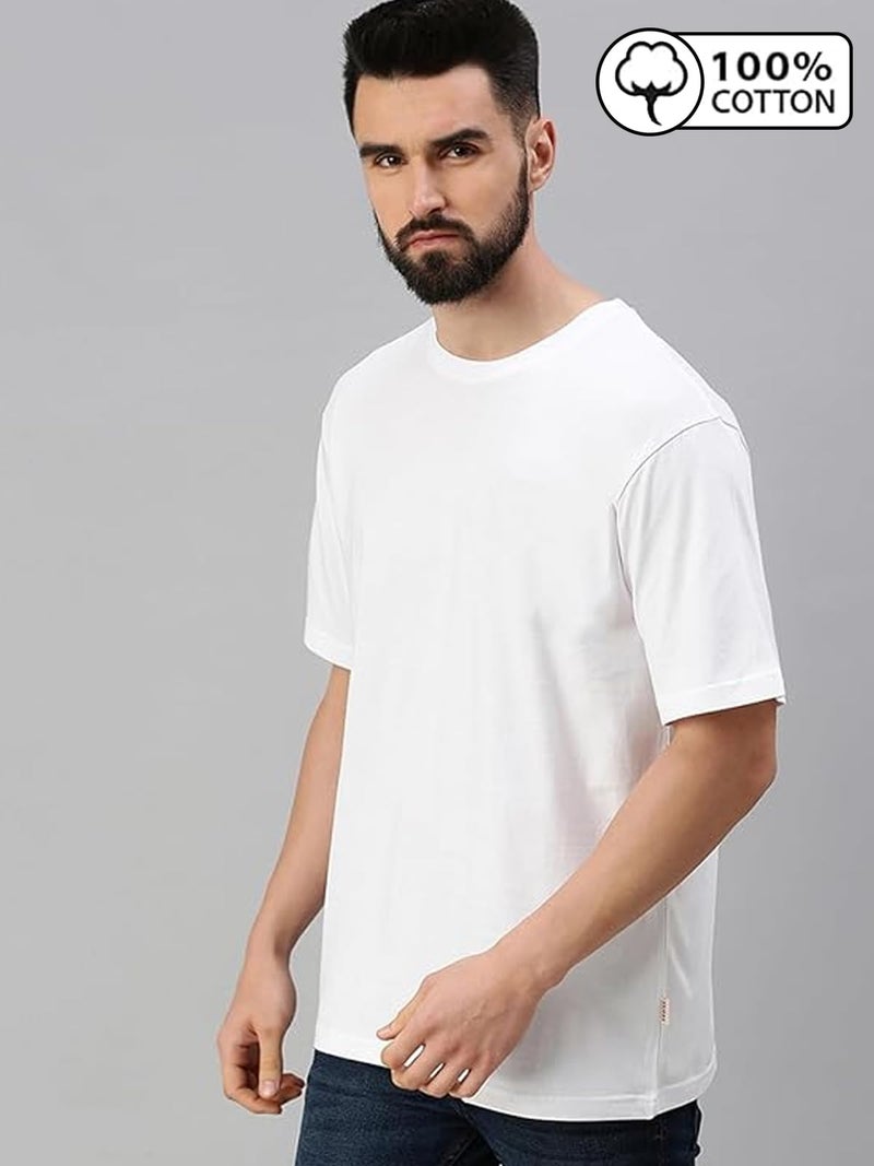Veirdo®White Oversized Baggy Fit Drop Shoulder Half Sleeves Round Neck Solid Pure Cotton T-Shirt for Men (OS_100_White_M) - Image 2