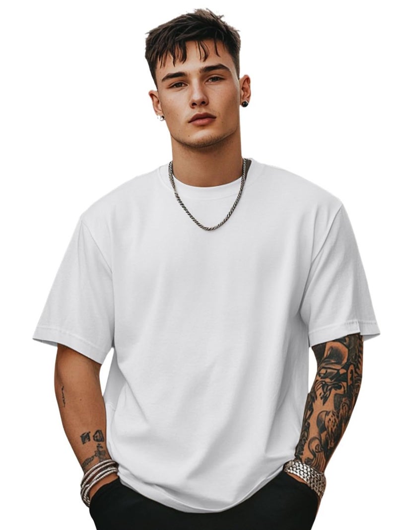 Veirdo®White Oversized Baggy Fit Drop Shoulder Half Sleeves Round Neck Solid Pure Cotton T-Shirt for Men (OS_100_White_M) - Image 1